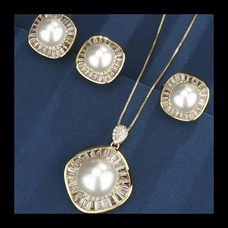 Earrings Ring Necklace Gold Plated White Pearl Square