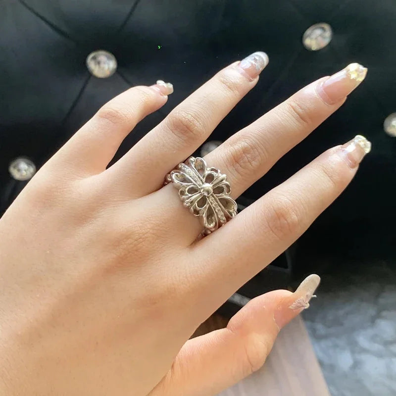 S925 Sterling Silver Open Cross Flower Ring With Diamonds
