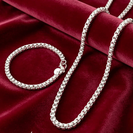 Sterling Silver 925 Box Chain Jewelry Set Bracelet Necklace Earrings