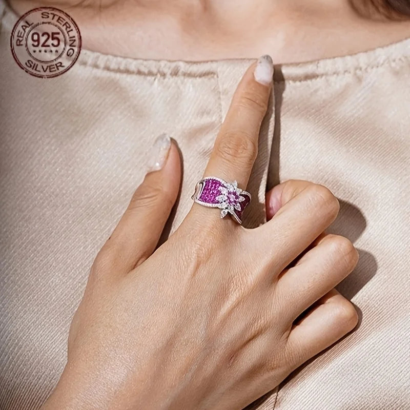 Ring 925 Sterling Silver Sunflower Zircon White Gold Plated