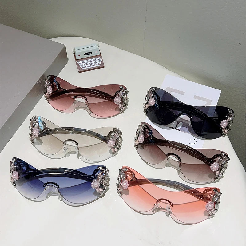 Rimless Sunglasses With Rhinestones Monoblock Gradient Lenses