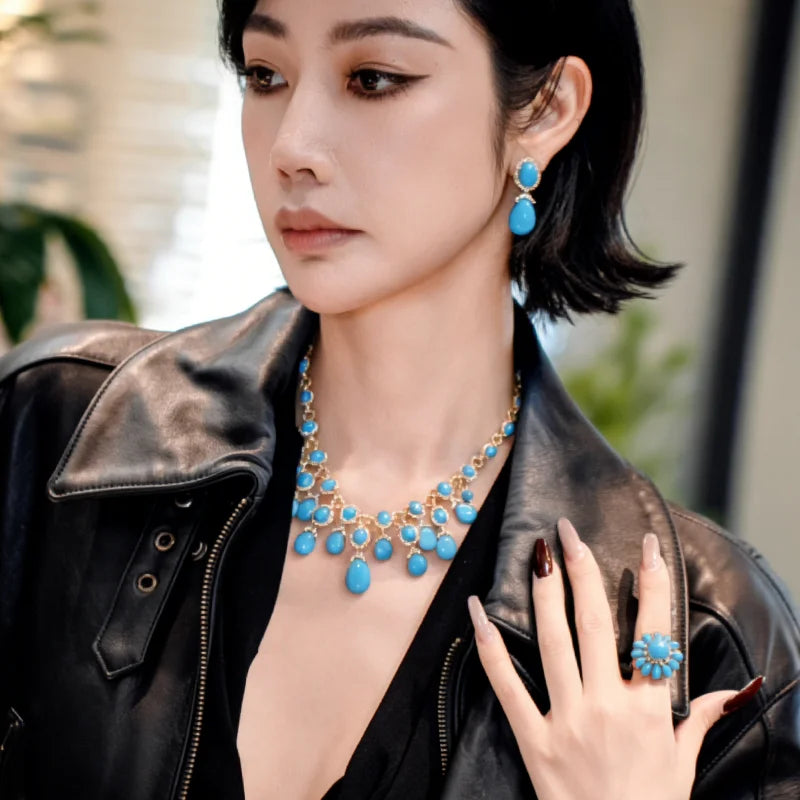 XCL Tassel Necklace Earrings Set With Synthetic Gemstone S925 Silver