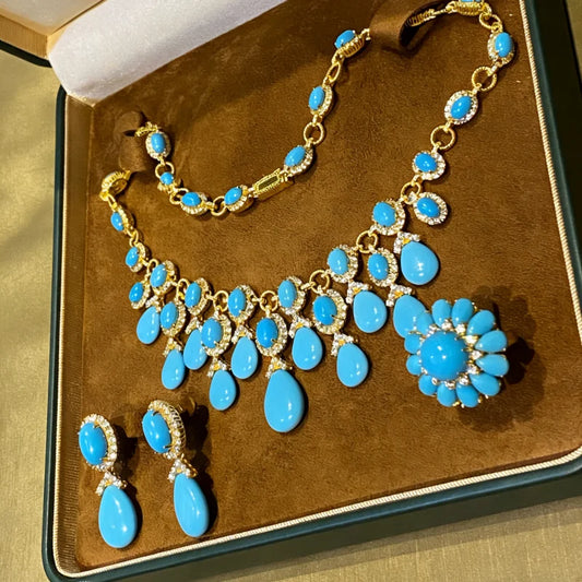 XCL Tassel Necklace Earrings Set With Synthetic Gemstone S925 Silver