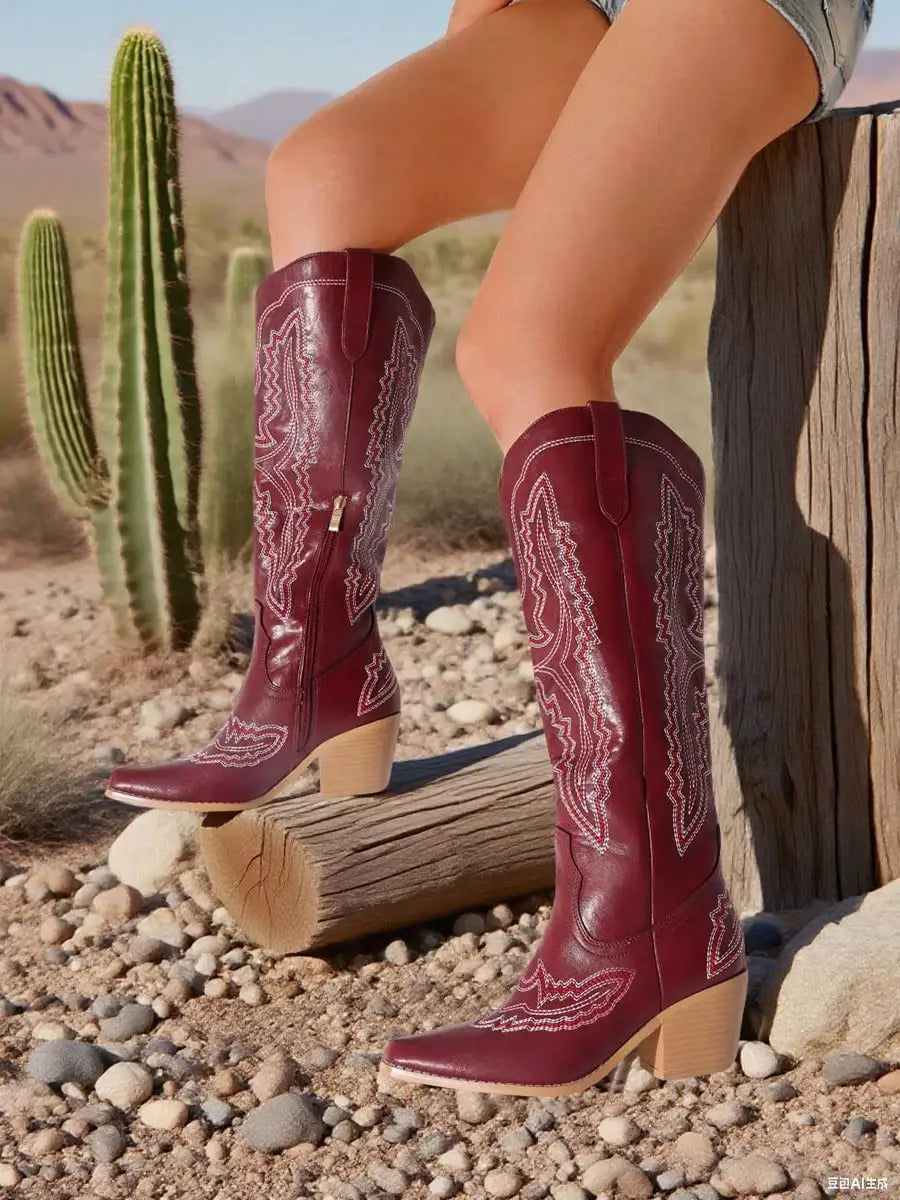 Boots For Women Point Toe Chunky Heels Knee High