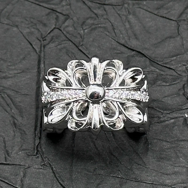 S925 Sterling Silver Open Cross Flower Ring With Diamonds