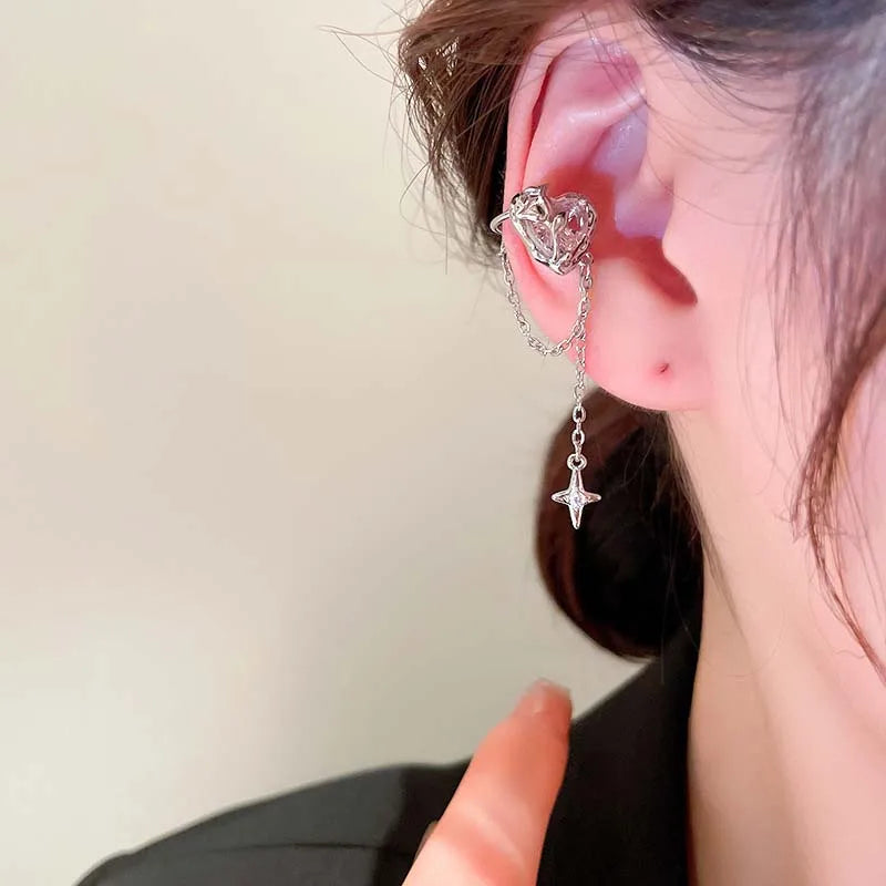 Earring Clip Crystal Heart Tassel Ear Cuff