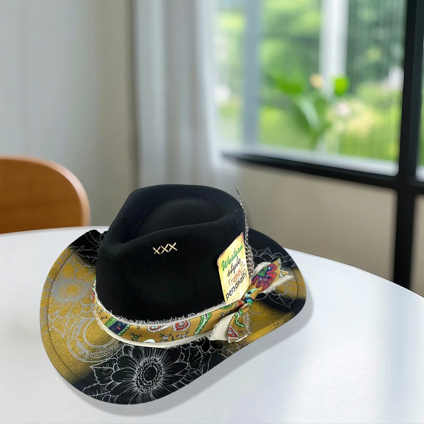 Hat Feather Print Wide Brim Cap