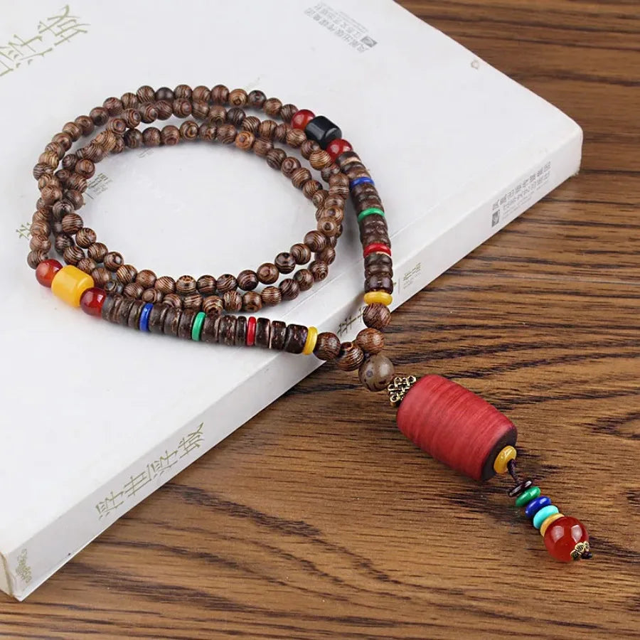Vintage Nepal Buddhist Mala Necklace With Wood Beads Pendant Ethnic Jewelry