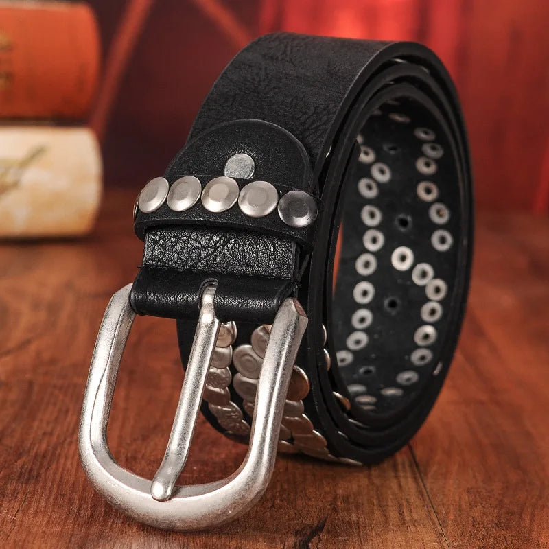 Leather Belt With Buckle Geometric Rivets Bokadiao