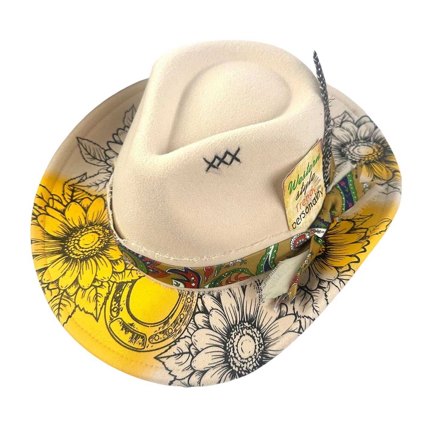 Hat Feather Print Wide Brim Cap