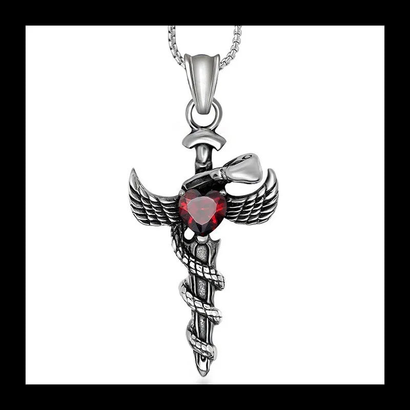 Angel Sword Necklace Pendant Titanium Steel With Red Opal