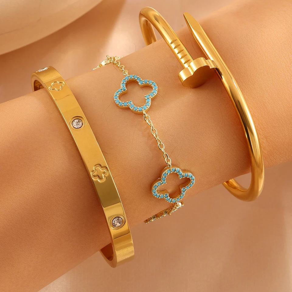 Bracelet Cuff Gold Plated Four Leaf Flower