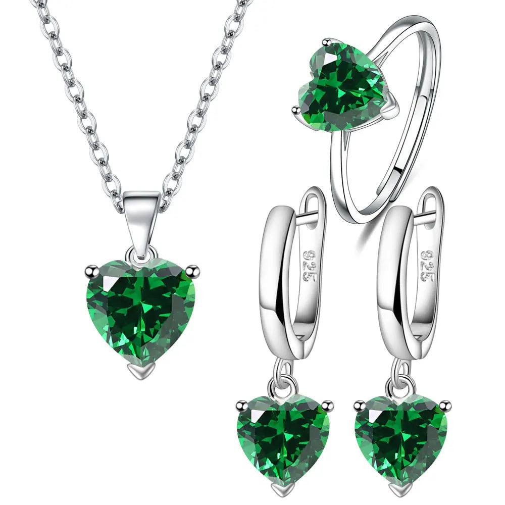 925 Sterling Silver Heart Zircon Jewelry Set For Women Necklace Earrings Ring