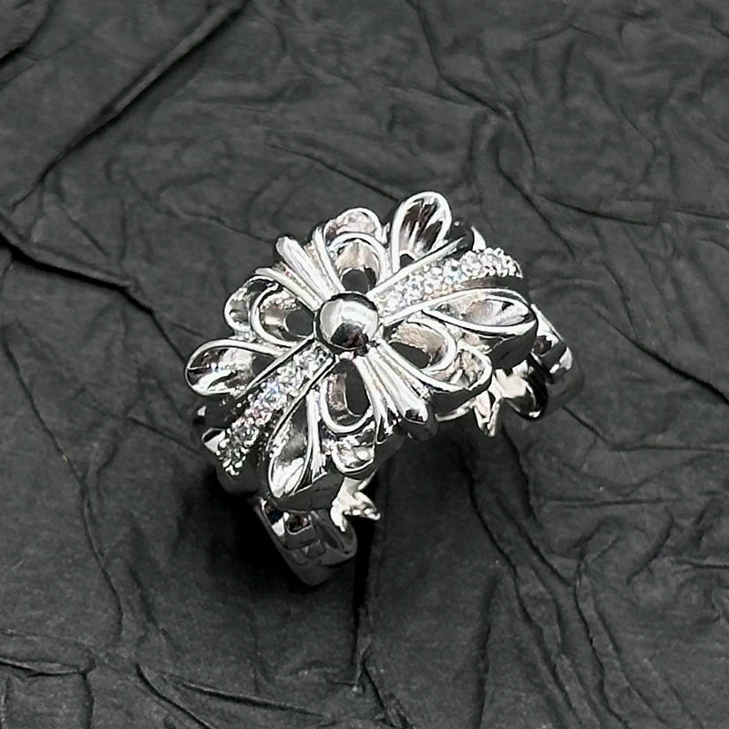 S925 Sterling Silver Open Cross Flower Ring With Diamonds