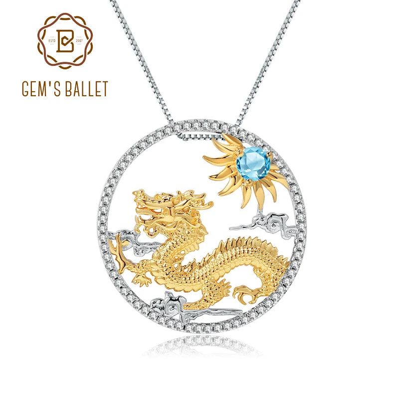 925 Necklace Silver Blue Topaz Dragon Pendant