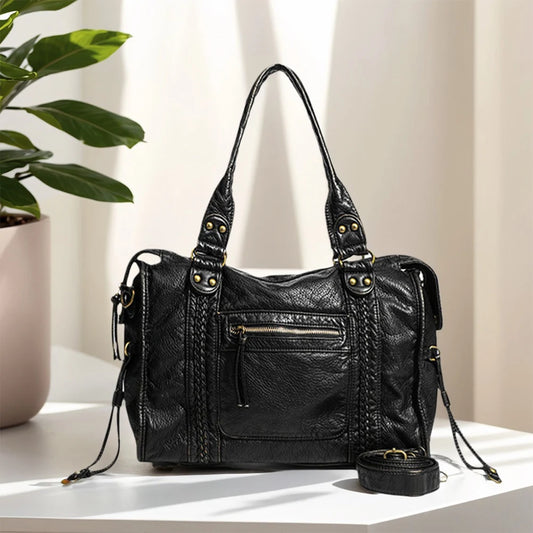 Leather Retro Shoulder Bag for Women with Pockets Utility Handbag