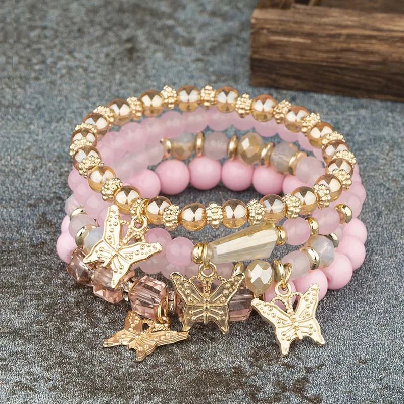 Bracelet Crystal Bead 4Pcs Butterfly Charm Set