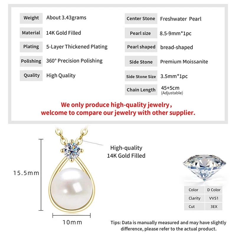 Pearl Moissanite Necklace 14K Gold Freshwater