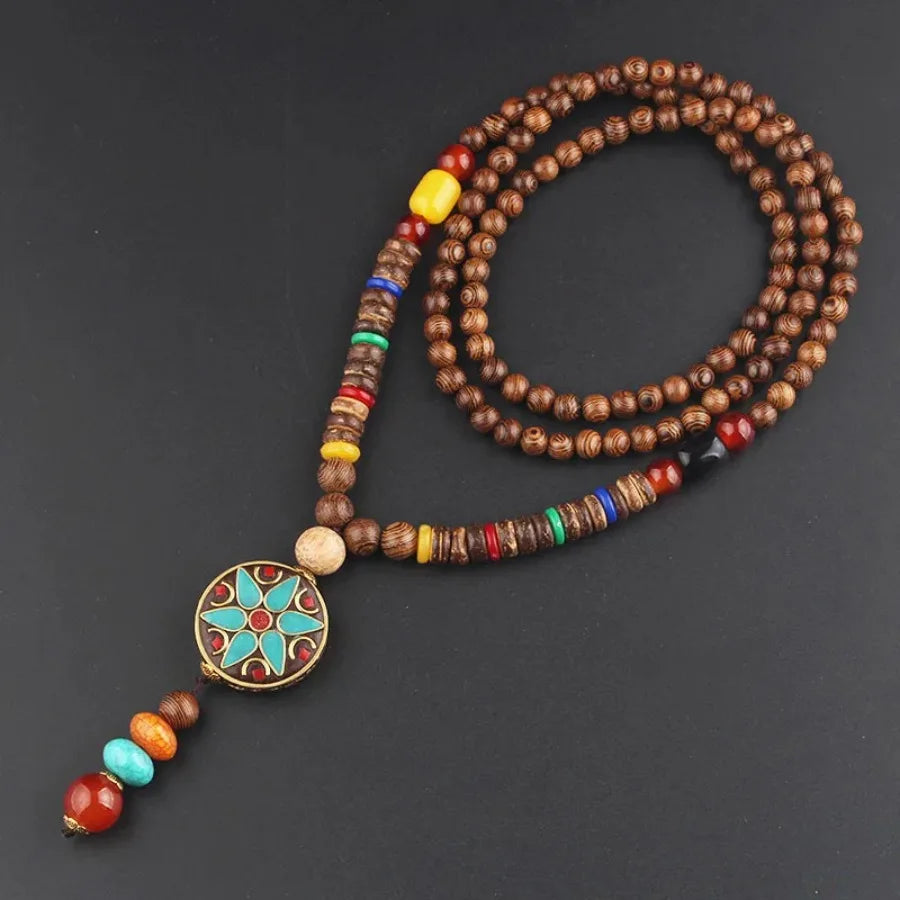 Vintage Nepal Buddhist Mala Necklace With Wood Beads Pendant Ethnic Jewelry