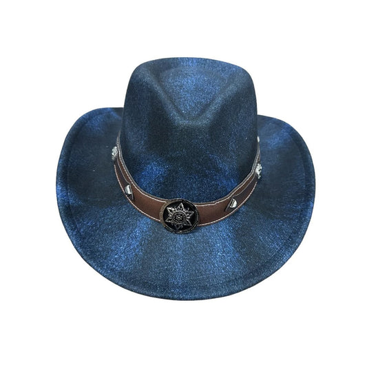 Unisex Denim Cowboy Hat With Wide Brim And Badge Belt