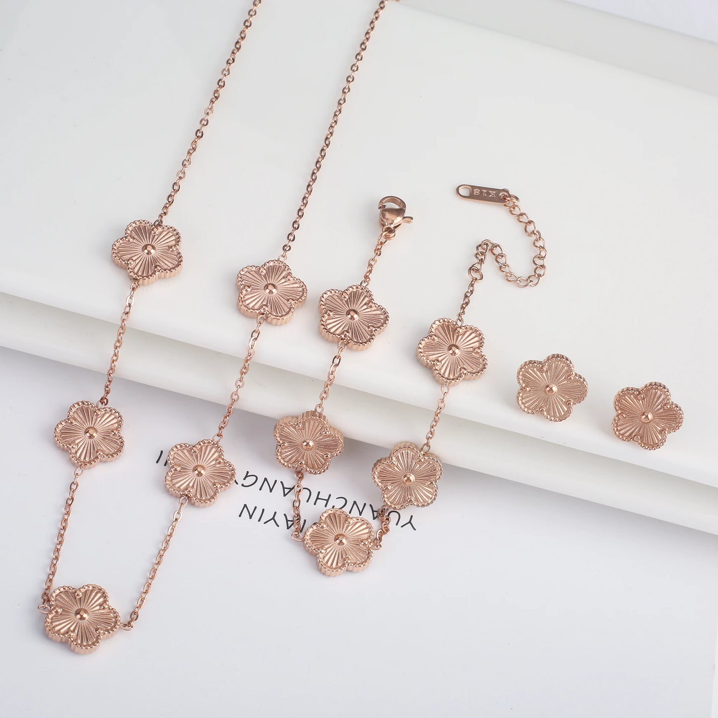 Stainless Steel Flower Clover Jewelry Set Necklace Bracelet Earrings