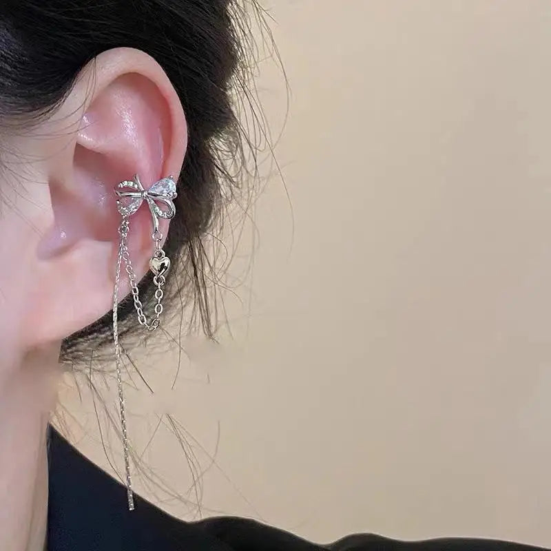 Earring Clip Crystal Heart Tassel Ear Cuff