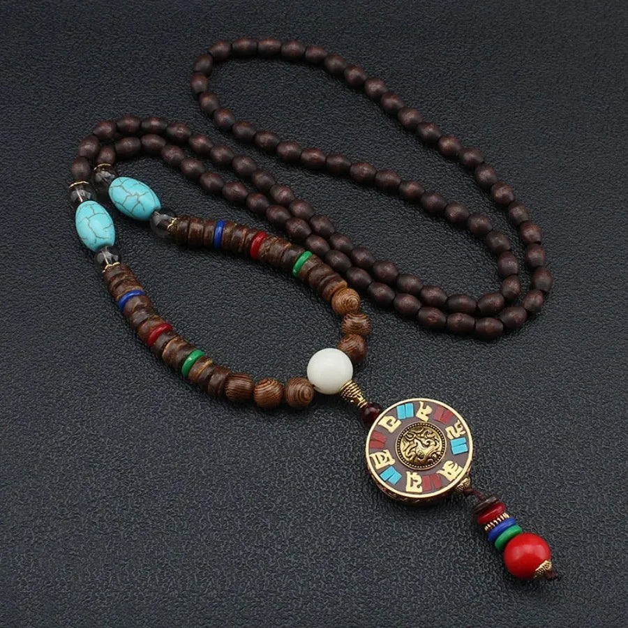 Vintage Nepal Buddhist Mala Necklace With Wood Beads Pendant Ethnic Jewelry