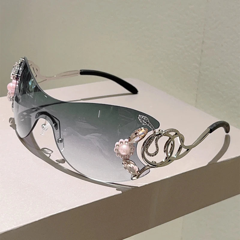 Rimless Sunglasses With Rhinestones Monoblock Gradient Lenses