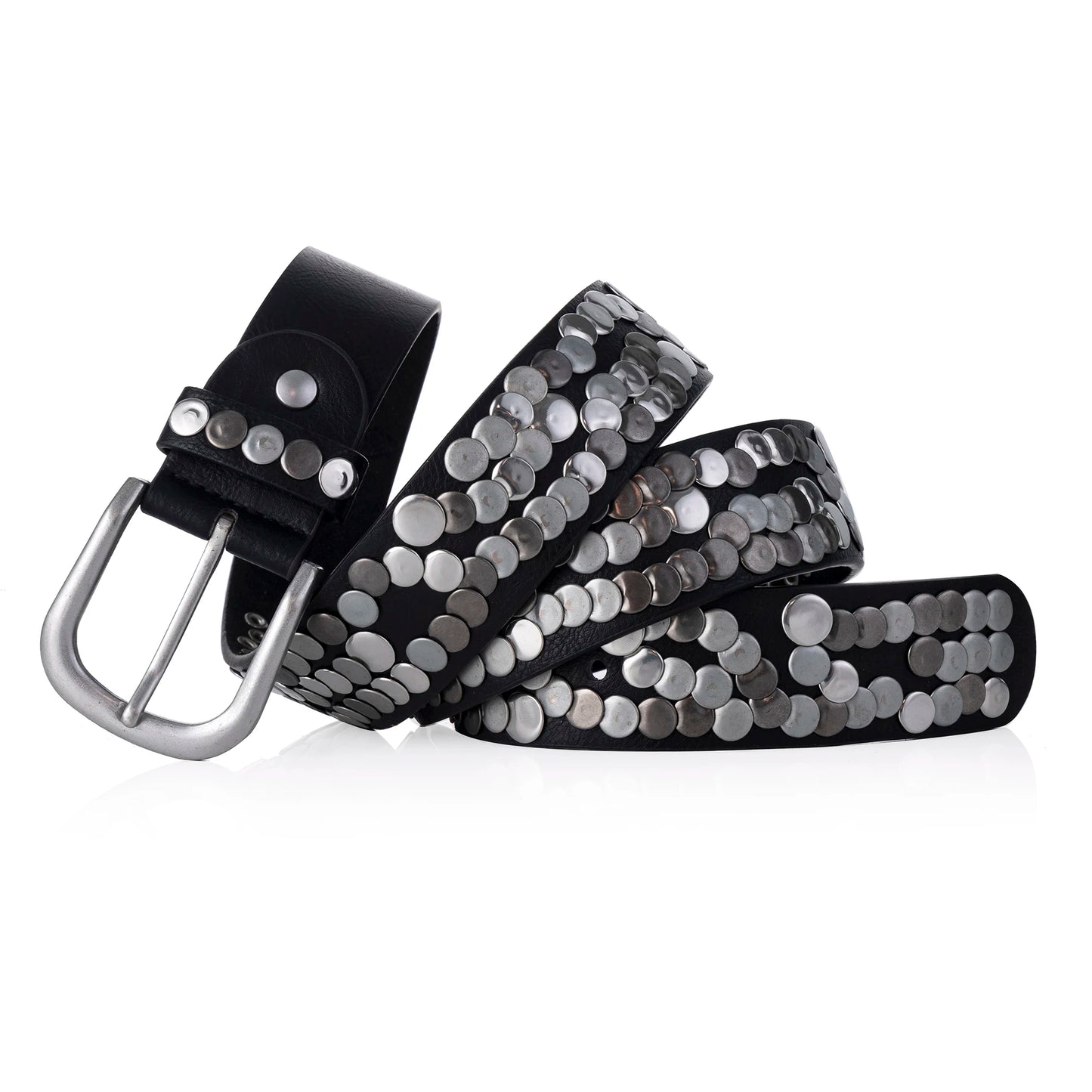 Leather Belt With Buckle Geometric Rivets Bokadiao