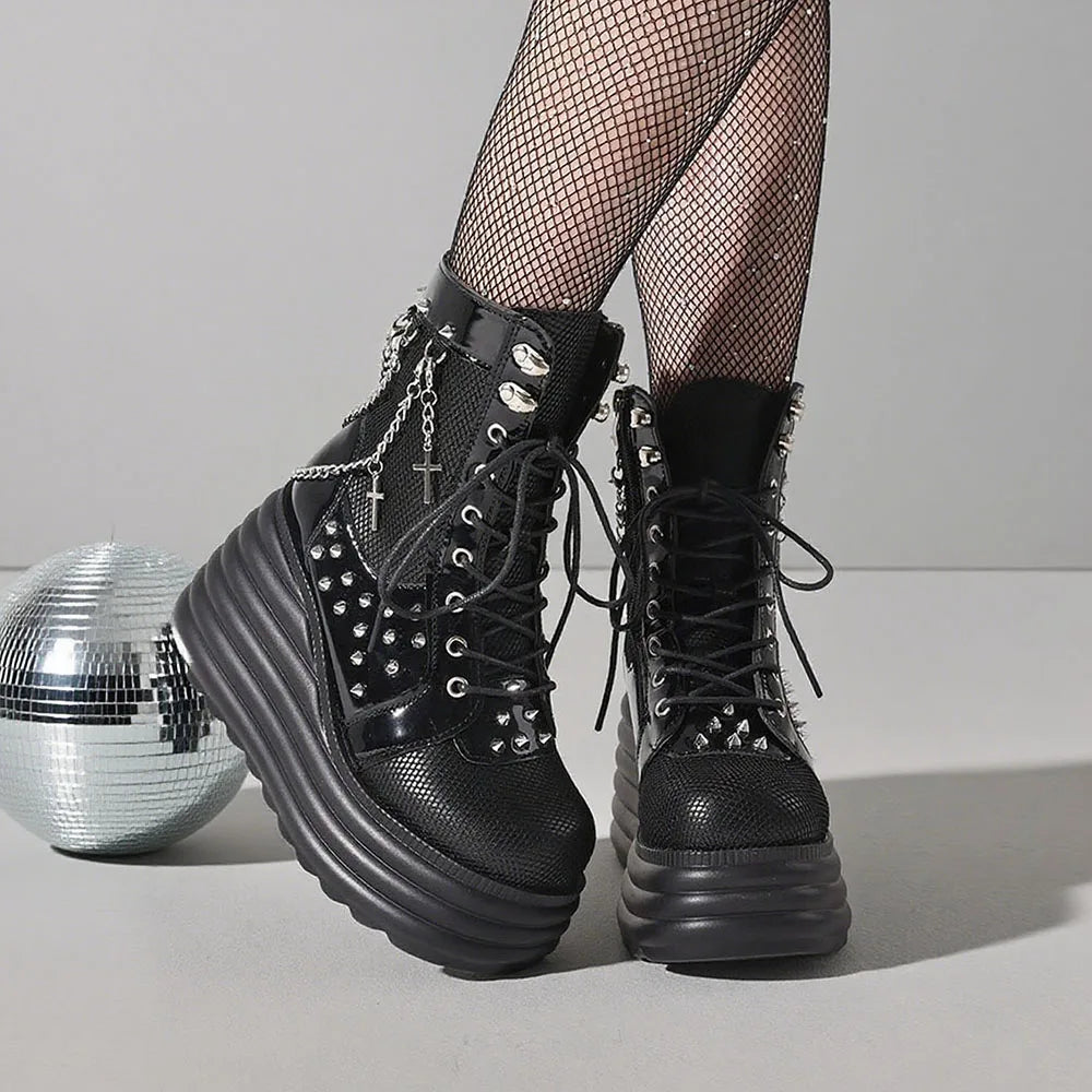 Women Boots Wedges With Chain Rivet Decor