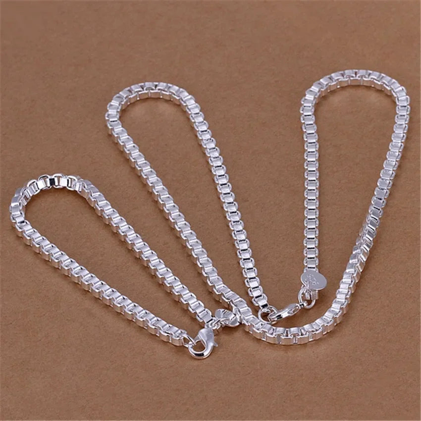 Sterling Silver 925 Box Chain Jewelry Set Bracelet Necklace Earrings