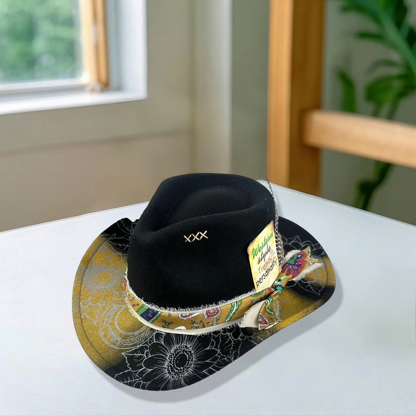 Hat Feather Print Wide Brim Cap
