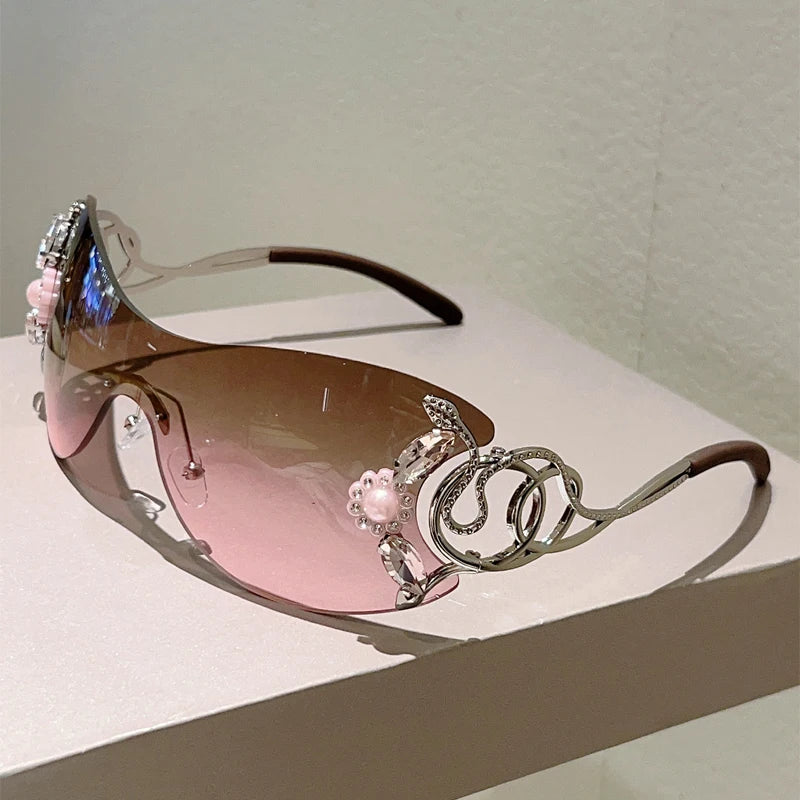 Rimless Sunglasses With Rhinestones Monoblock Gradient Lenses
