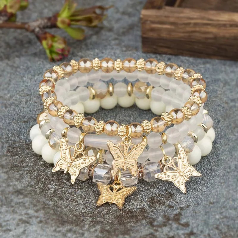 Bracelet Crystal Bead 4Pcs Butterfly Charm Set