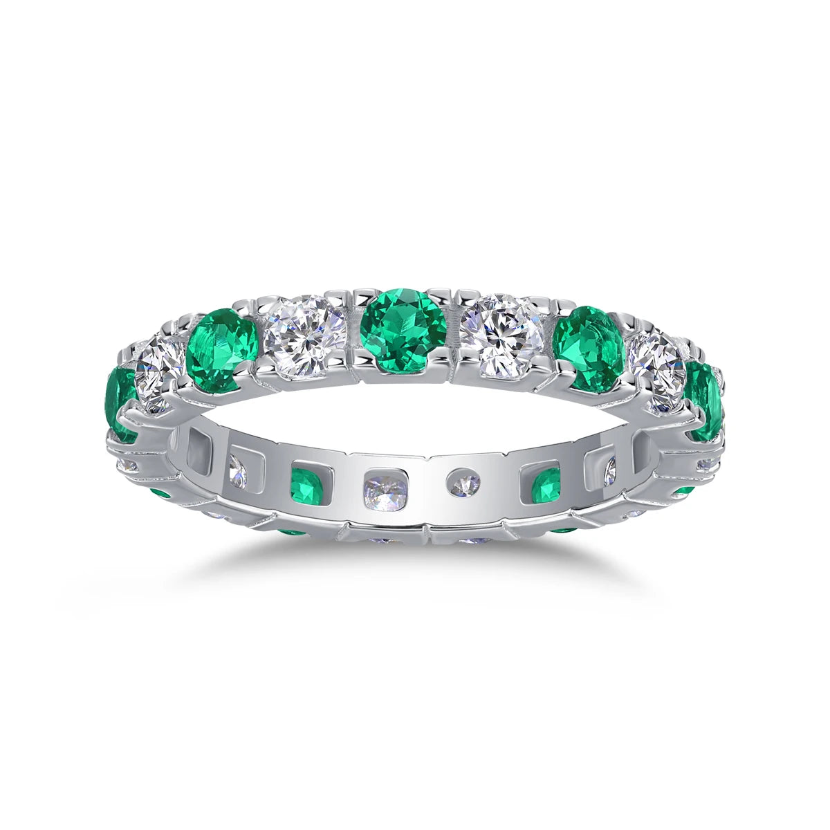 925 Silver Ring with Alternating Moissanite & Green Emeralds