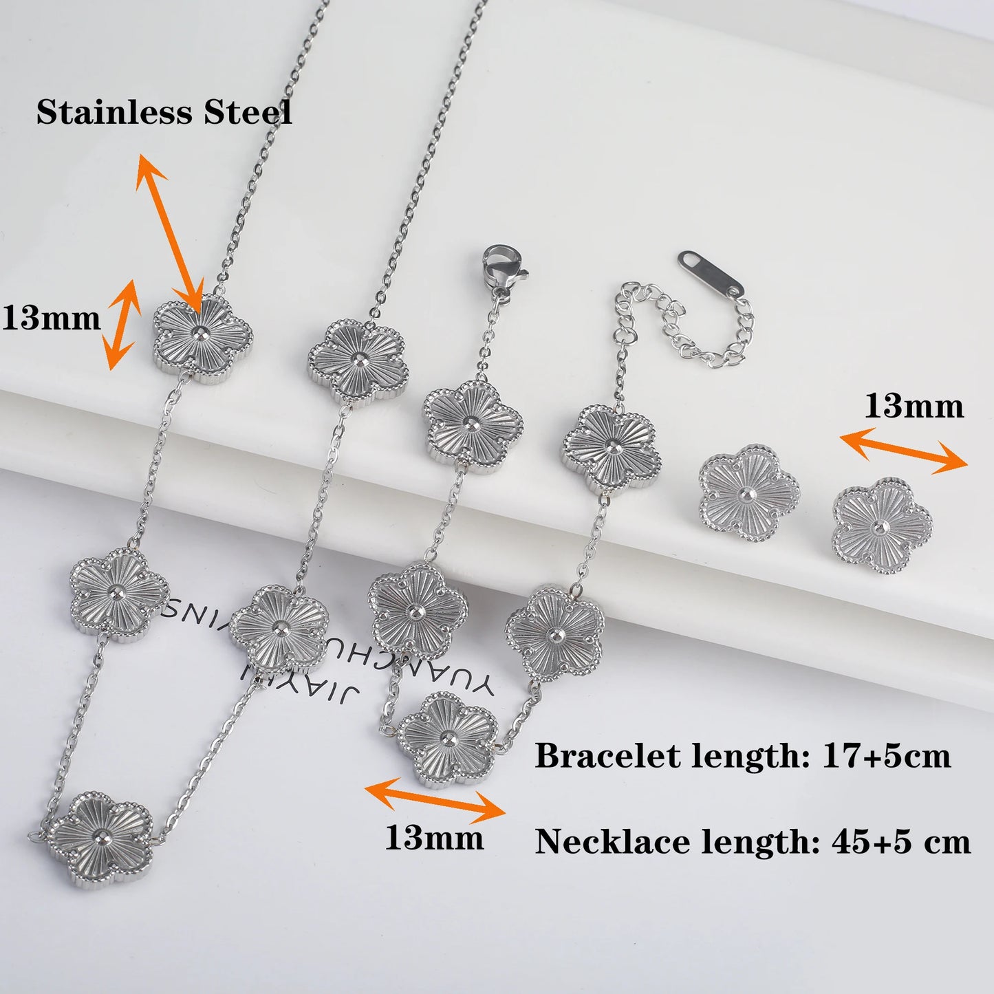 Stainless Steel Flower Clover Jewelry Set Necklace Bracelet Earrings