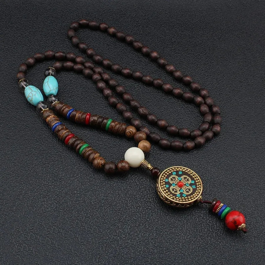 Vintage Nepal Buddhist Mala Necklace With Wood Beads Pendant Ethnic Jewelry