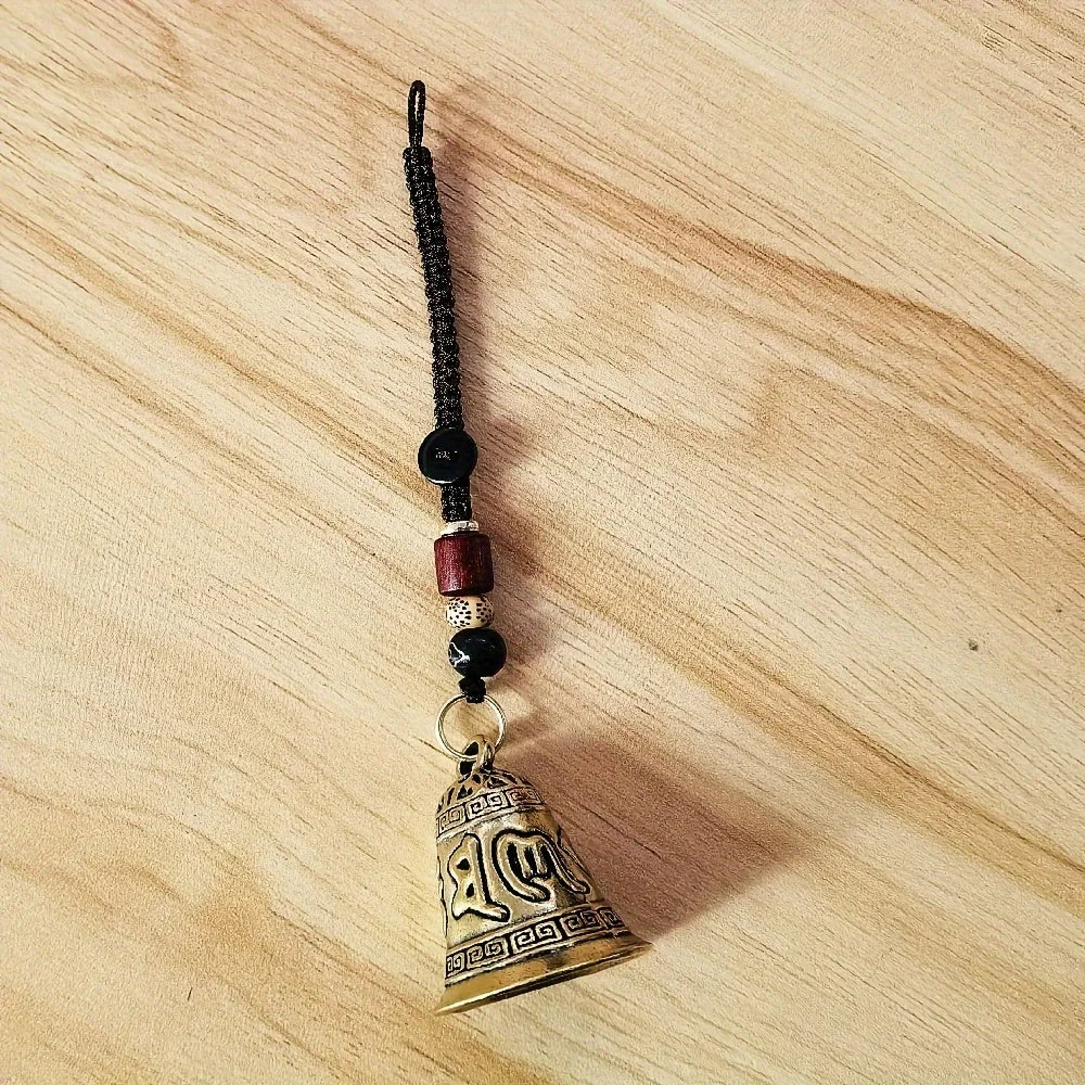 Vintage Brass Tibetan Six Word Mantra Bell Keychain