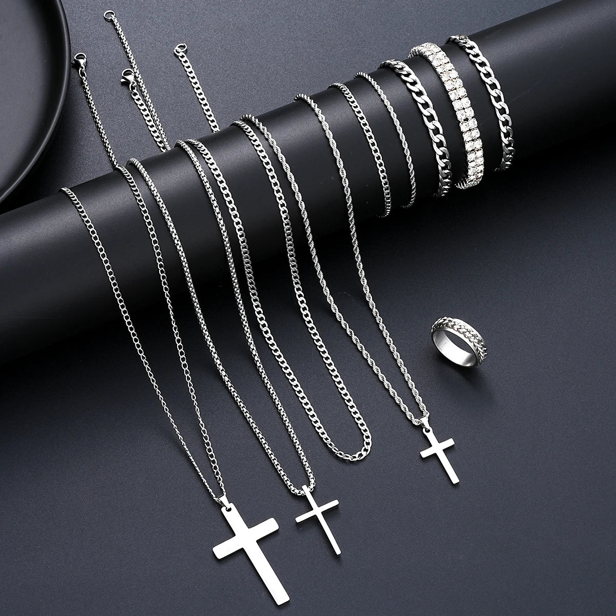 Mens Stainless Steel Cross Necklace Bracelet Ring Set Zircon Jewelry