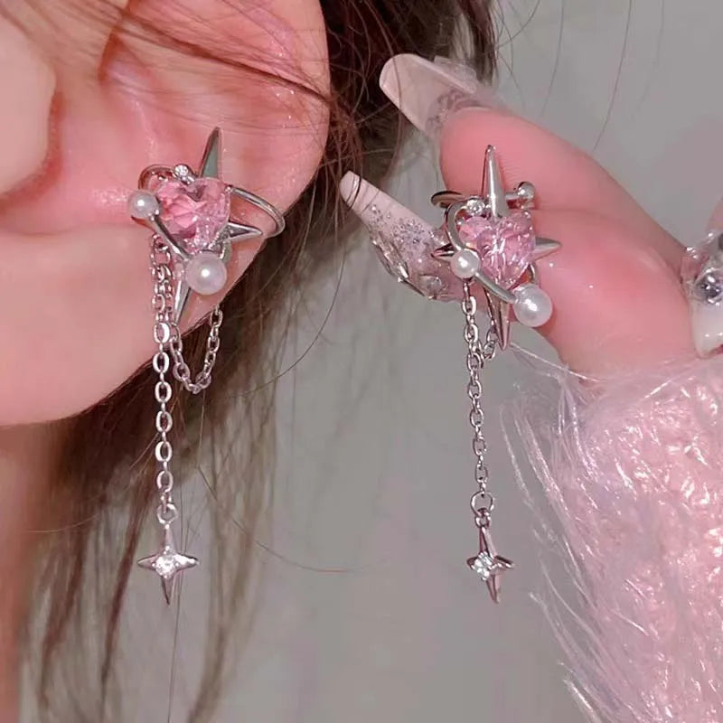 Earring Clip Crystal Heart Tassel Ear Cuff