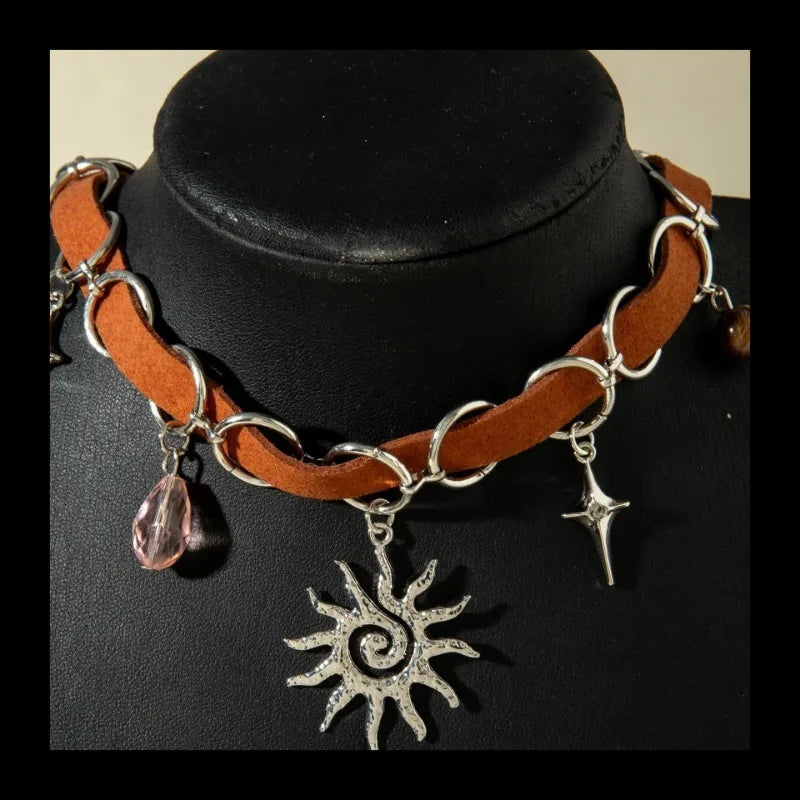 Sun Pendant Necklace With Leather Stitching