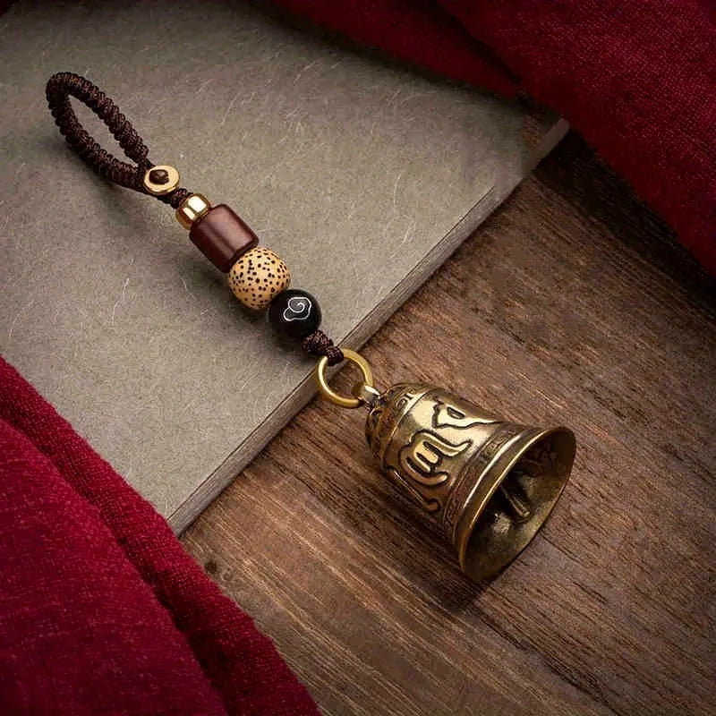 Vintage Brass Tibetan Six Word Mantra Bell Keychain