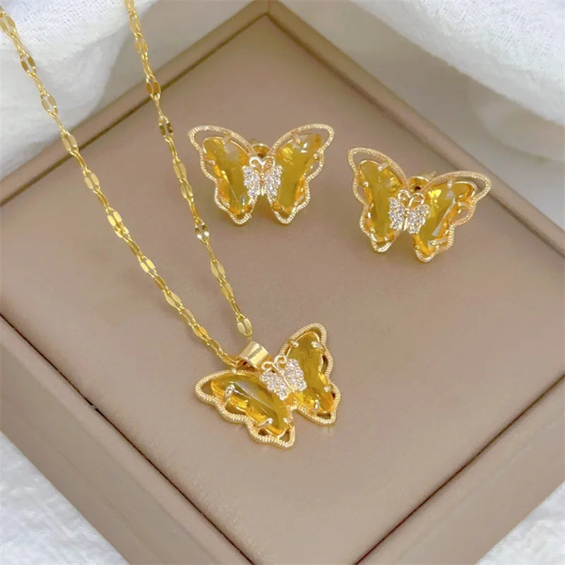 Butterfly Necklace And Earrings Set Stainless Steel Jewelry