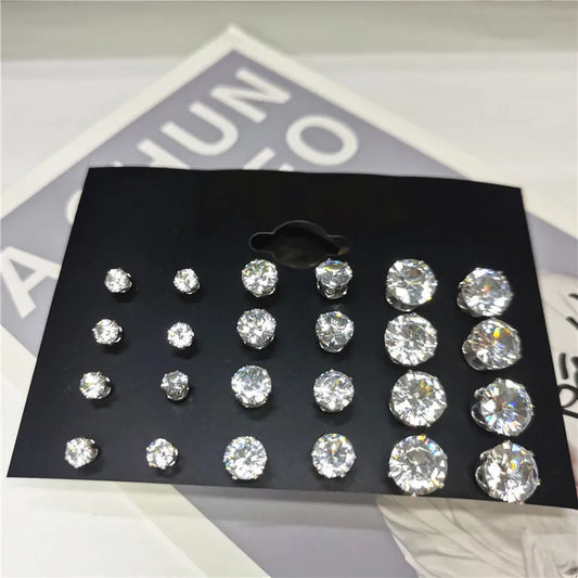 24Pcs Cubic Zirconia Stud Earrings Stainless Steel Claw Set
