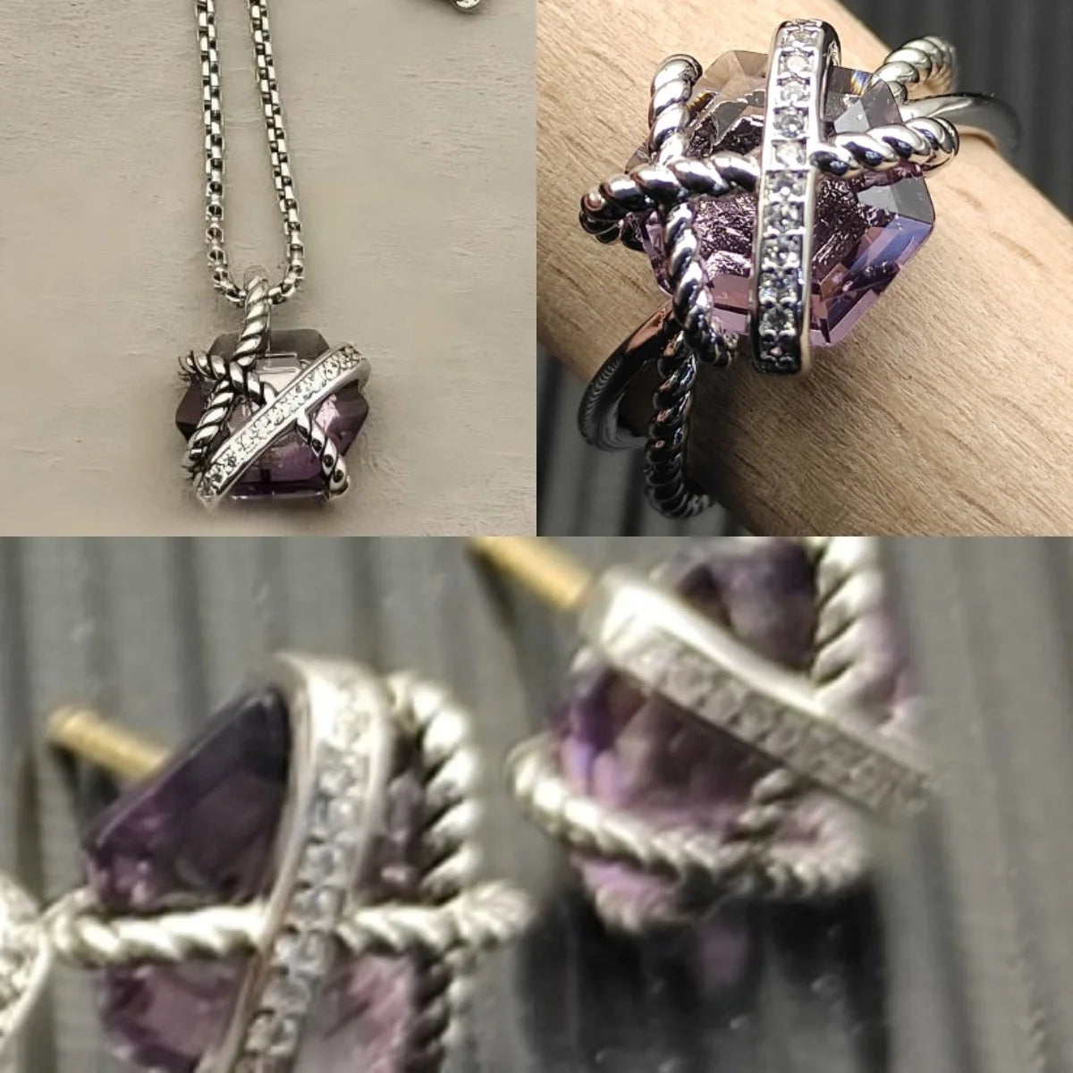 Earring Necklace Ring Set Sterling Silver 925.