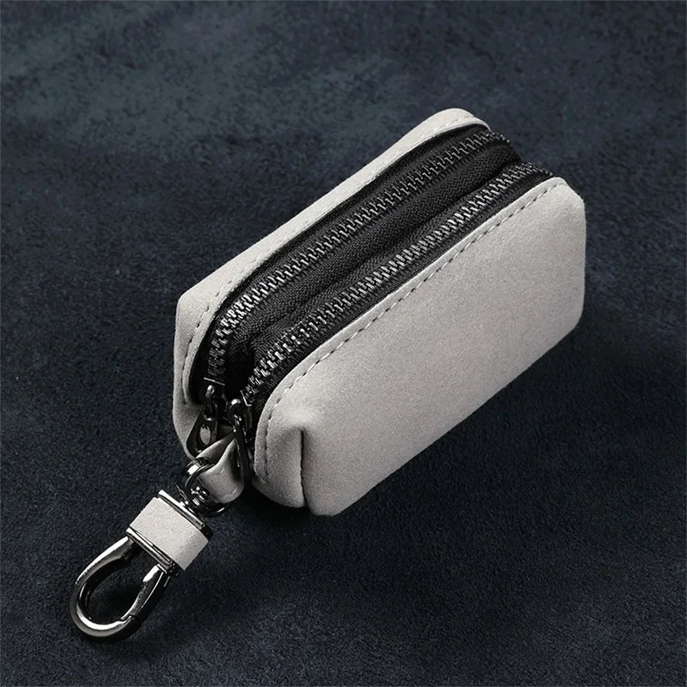 NONECN Faux Suede Key Wallet Unisex Large Capacity Double Zipper