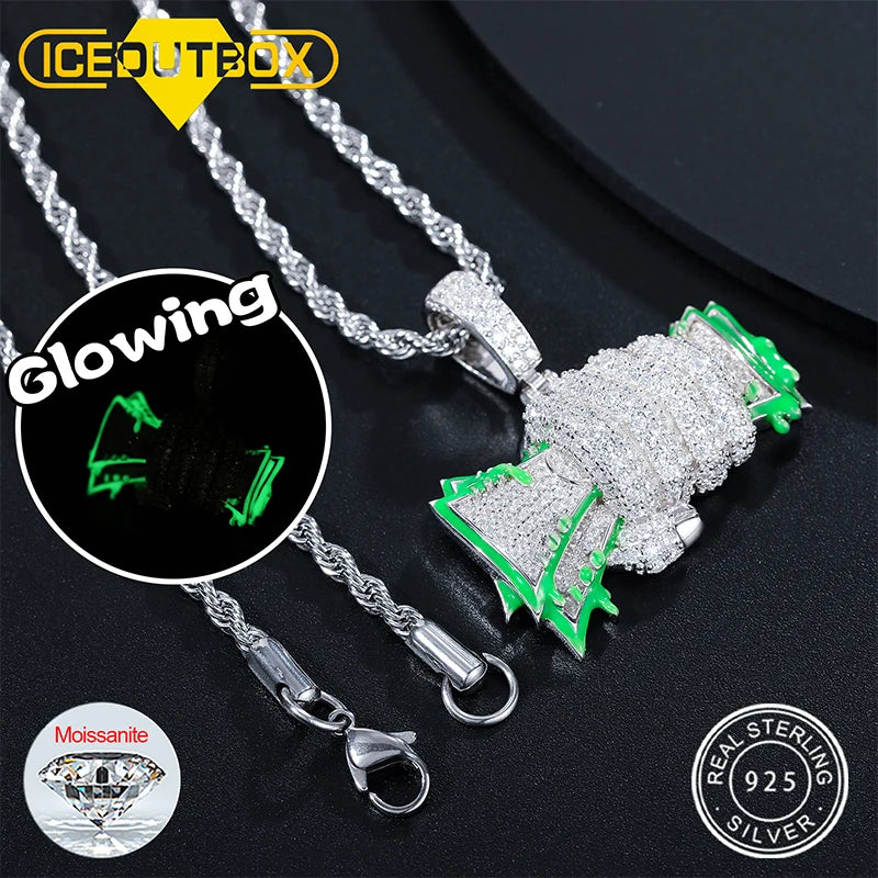 ICEOUTBOXCN Glowing Fist Dollar Money Bag Pendant Necklace Moissanite