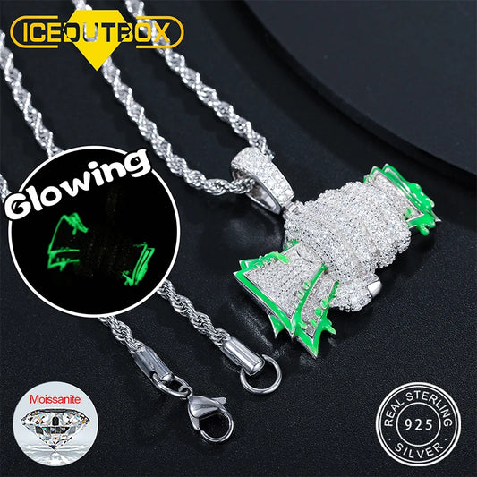 Necklace Glowing Fist Dollar Money Bag Pendant Moissanite