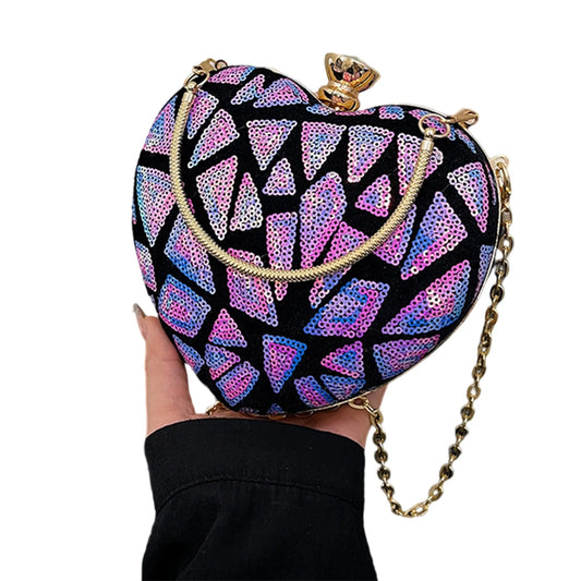 Elegant Rhinestone Embellished Heart Shaped Clutch Purse Detachable Chain Strap