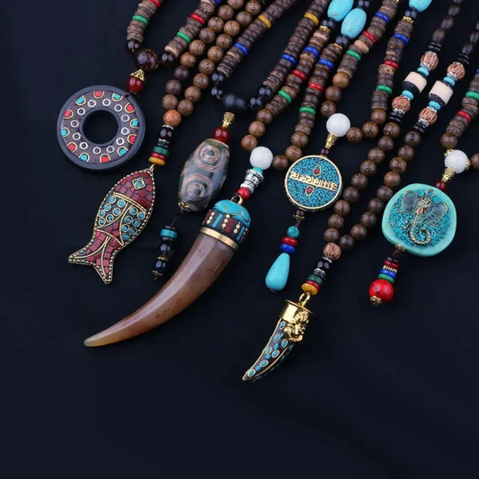 Vintage Nepal Buddhist Mala Necklace With Wood Beads Pendant Ethnic Jewelry